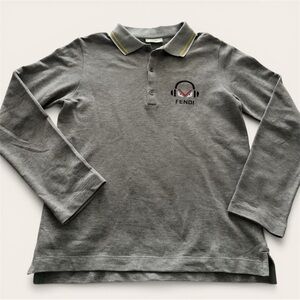 Fendi Kids Gray Long Sleeve Polo with Logo and Yellow-Trim Collar, 10A